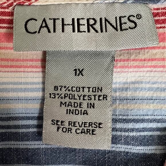 Catherines Womens Tunic Top 1X Red White Blue Striped 3/4 Sleeve Cotton Blend - Picture 4 of 5